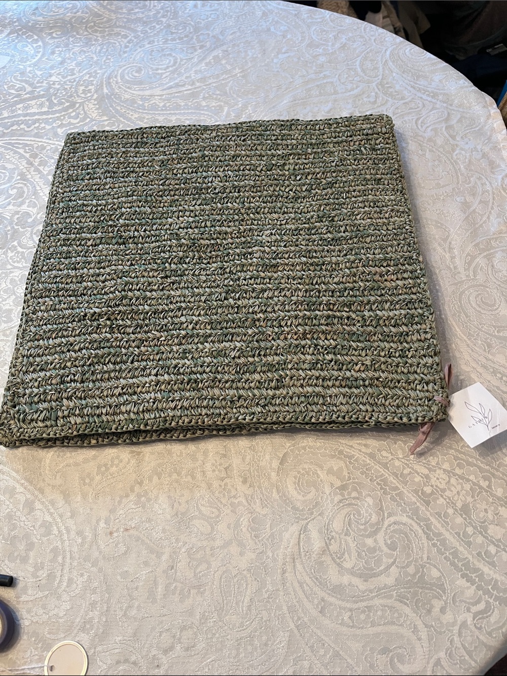 Handwoven Green Jute Seat Cushion — Neutral Rustic Dining Cushion